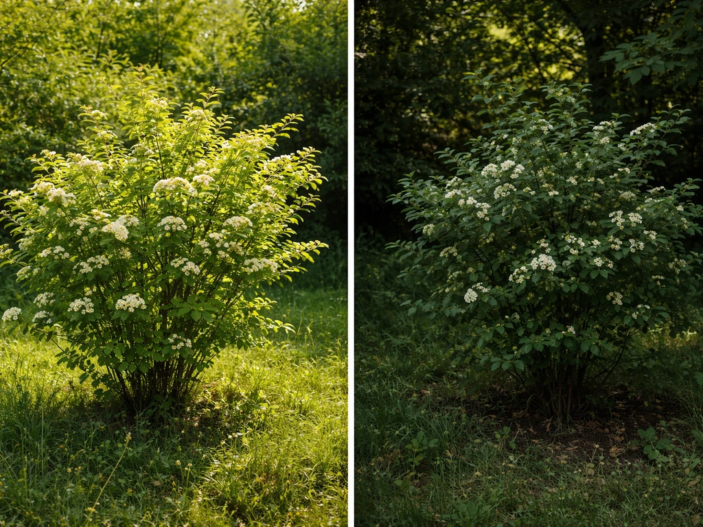 Hawthorn shrub with blossoms in bright sun and fewer blossoms in darker part shade.