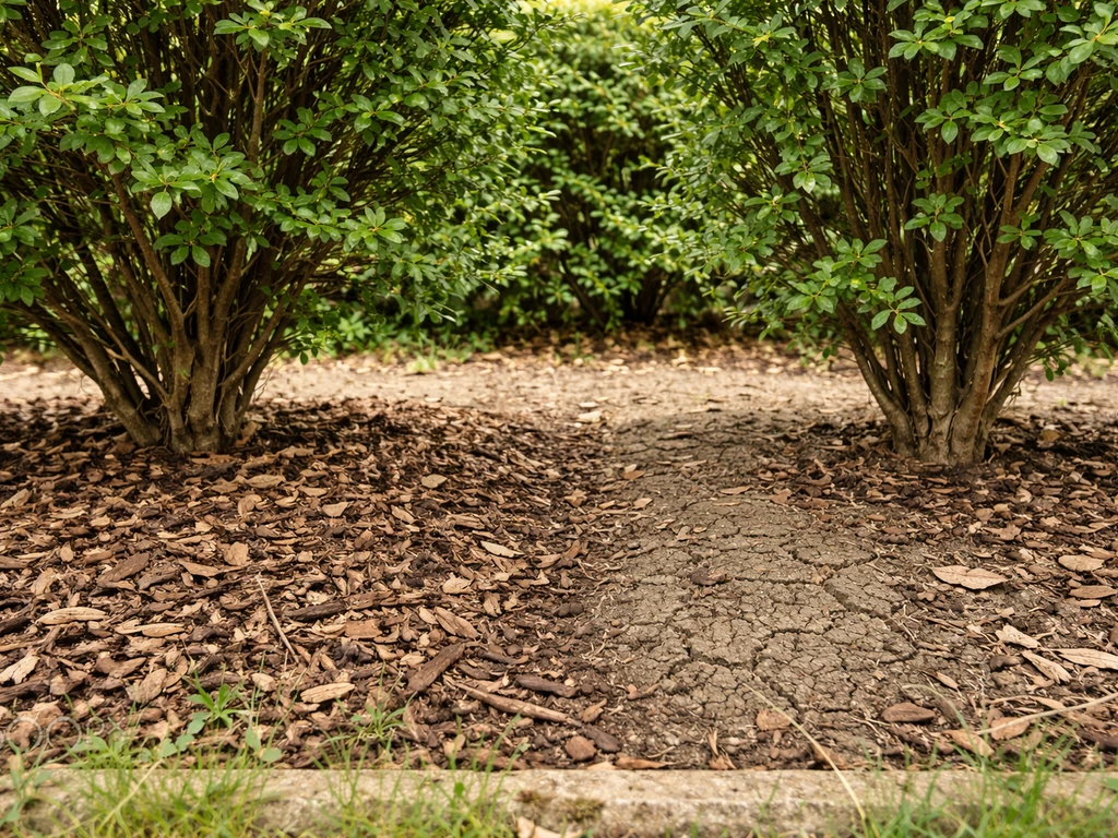 Mulched vs bare soil at the base of two established hawthorn shrubs in a hedgerow garden