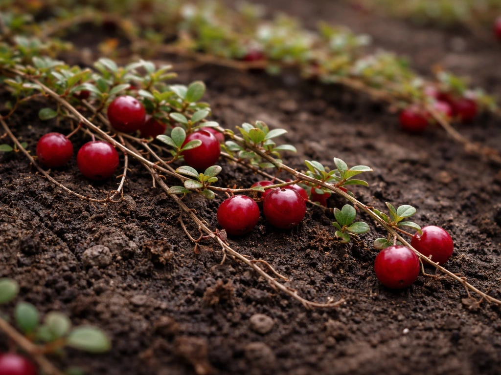 Close-up of low cranberry runner stems trailing on soil with red cranberries, showing they don’t climb.