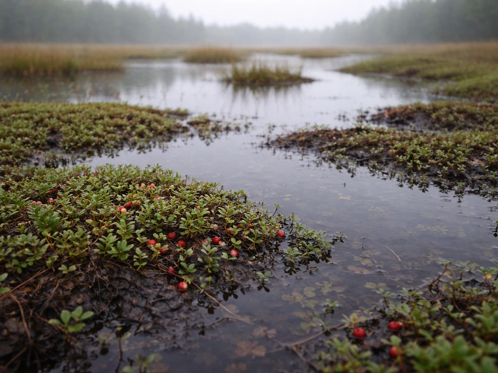 Waterlogged wild cranberry bog with peat, shallow standing water, and low creeping groundcover.