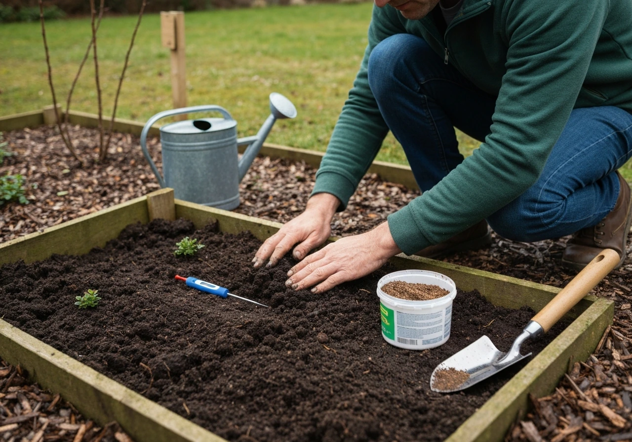 Gardener kneeling by a small bed, using a soil testing tool and adding amendments for acidic conditions