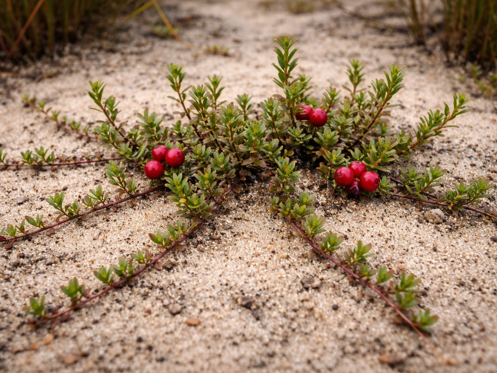 Close-up of a cranberry plant showing creeping runners and upright fruiting shoots in bog soil.