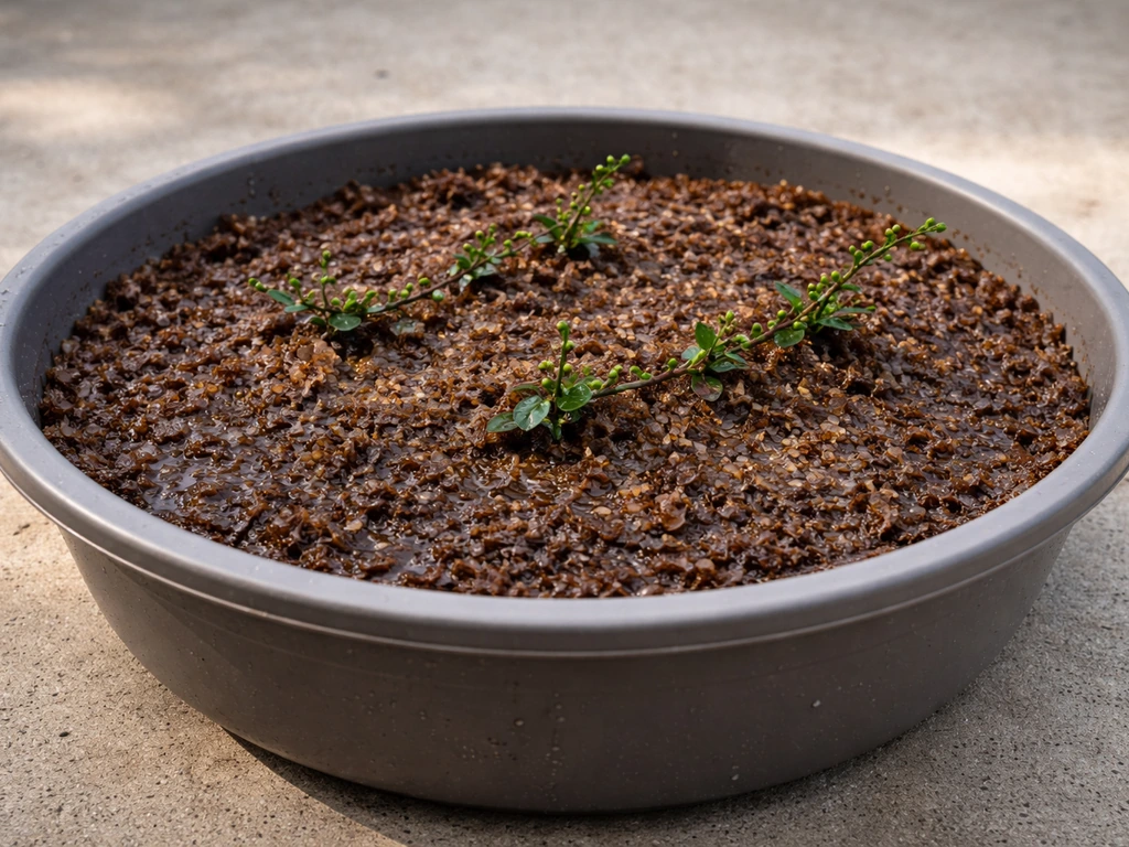 Wide shallow container filled with moist acidic peat, with small vines/crowns emerging above the waterline.