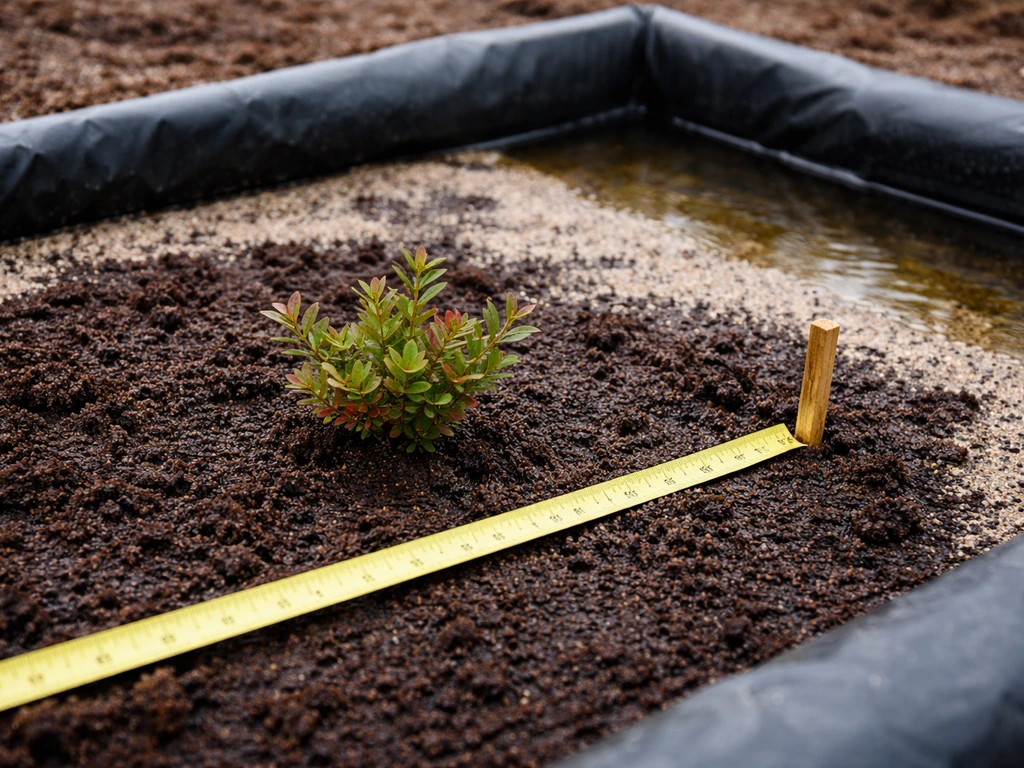 Gardener measuring spacing around a cranberry plant in a small lined bog bed with wet peat and sand.