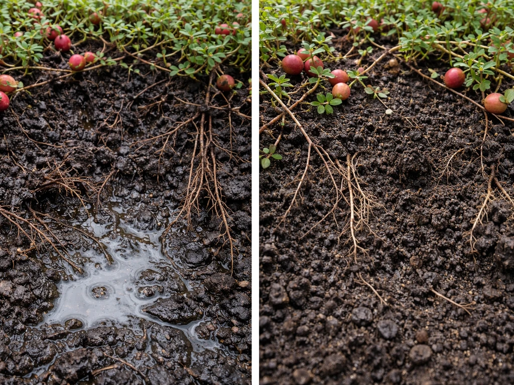 Waterlogged cranberry-growing soil with pooled mud and dark decaying roots beside healthier aerated wet medium