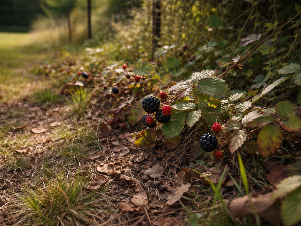 Sunlit dewberry bramble vines trailing along a field edge, with small berries and leaf shadows on ground