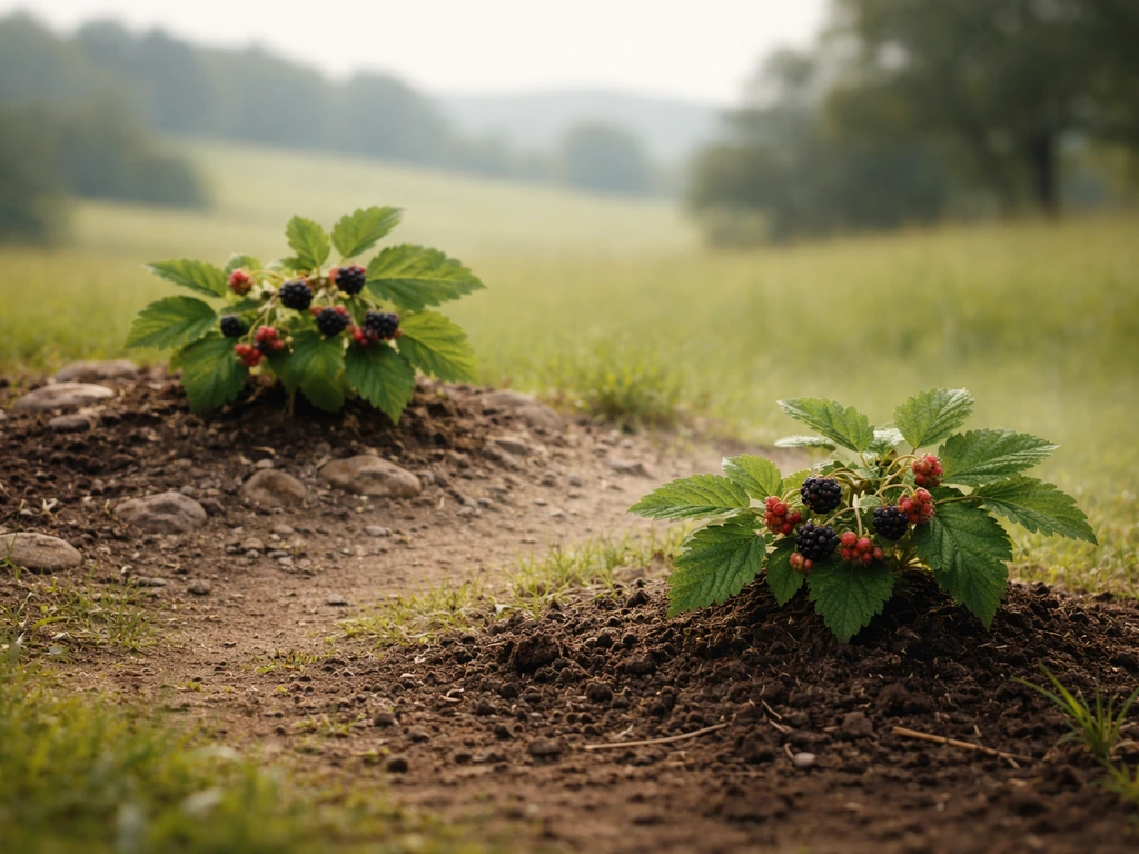 Close-up of dewberry plants in two distinct soil patches suggesting northern vs southern regions.