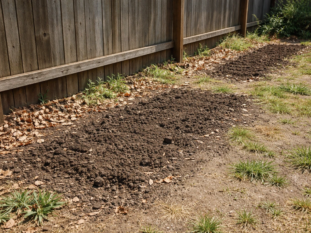 Sunny corner of a yard with loosened soil beds along a fence, leaving space for trailing dewberry vines.