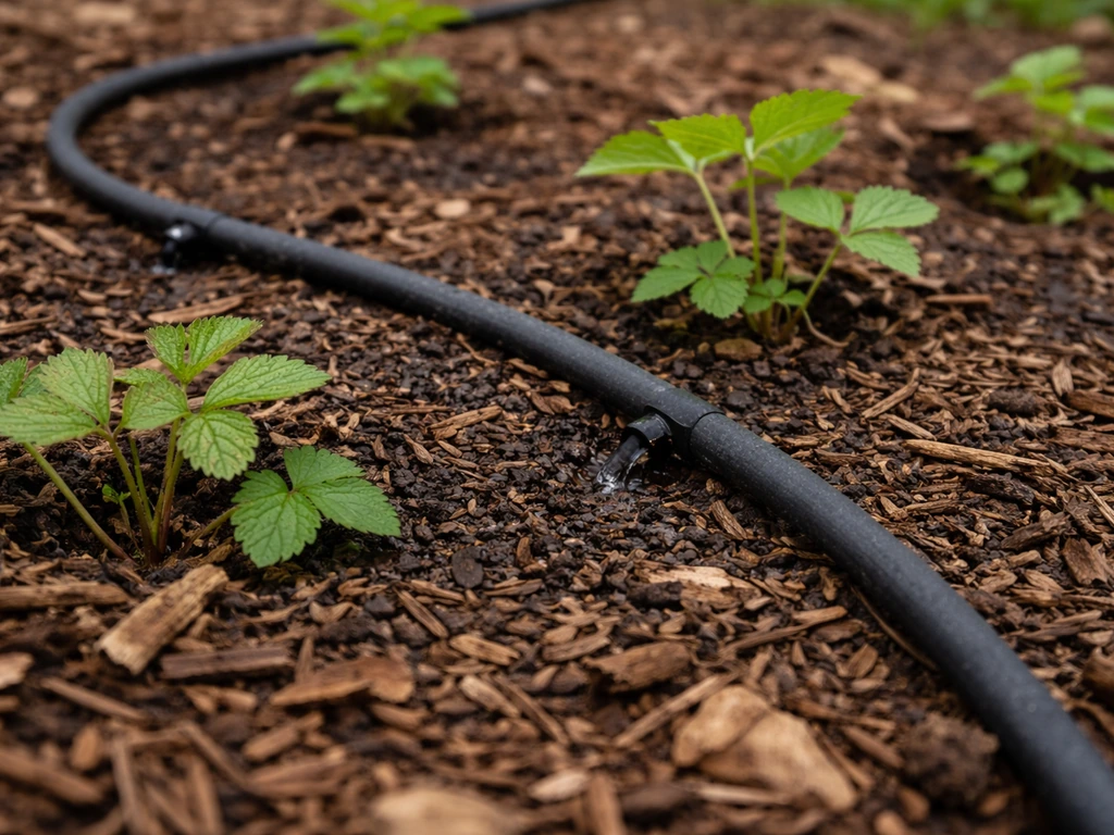 Close-up of a drip irrigation line laid in mulch around young dewberry plants.