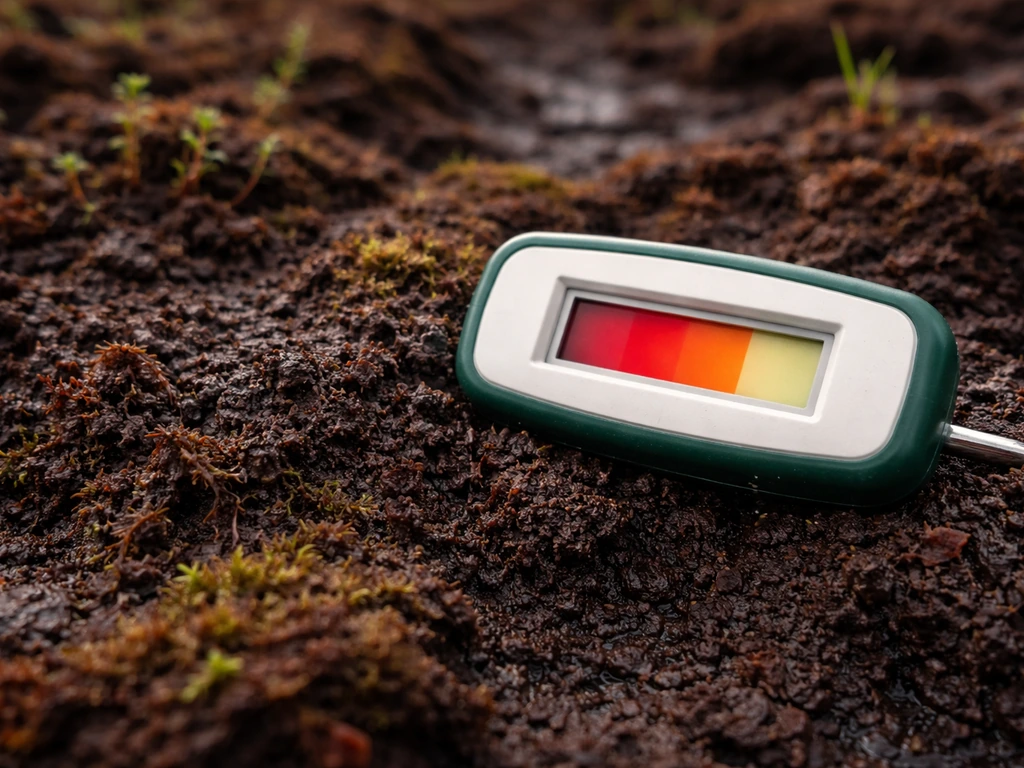 Handheld pH test tool on peaty bog soil with a low-acid indicator in natural light.