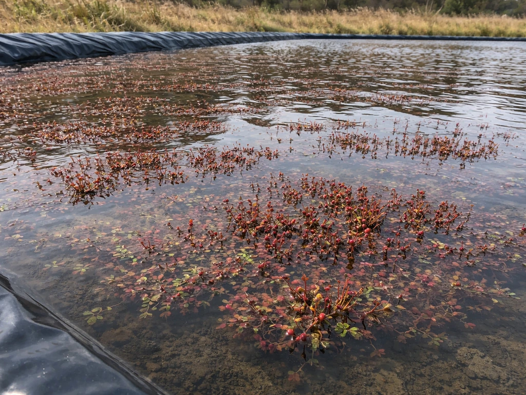 Cranberry bed with water held at plant level, showing liner edges and controlled flooding.