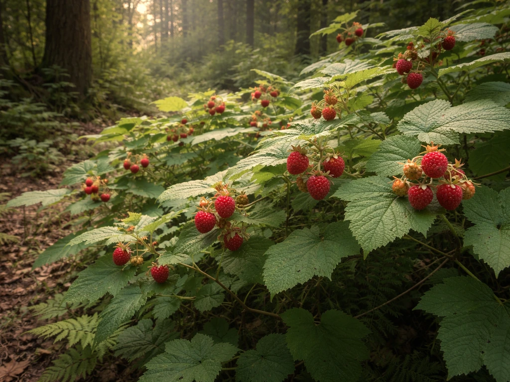 Thimbleberry canes with reddish thimble-shaped berries growing at a forest edge.