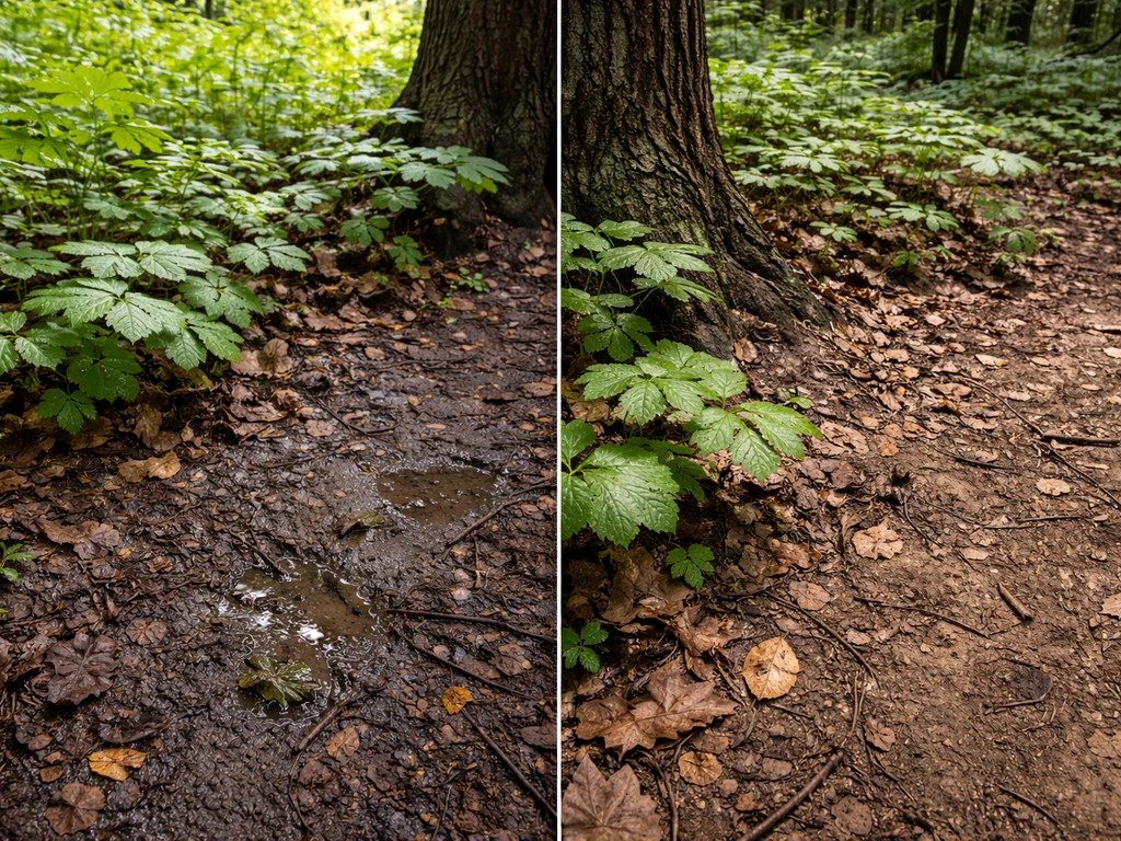 Split scene: bright damp forest-edge soil on left, shaded drier soil on right.