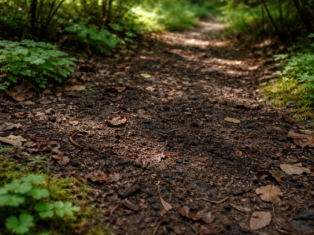 Moist forest soil with leaf litter and sunlight filtering through shrubs, showing a good planting spot.