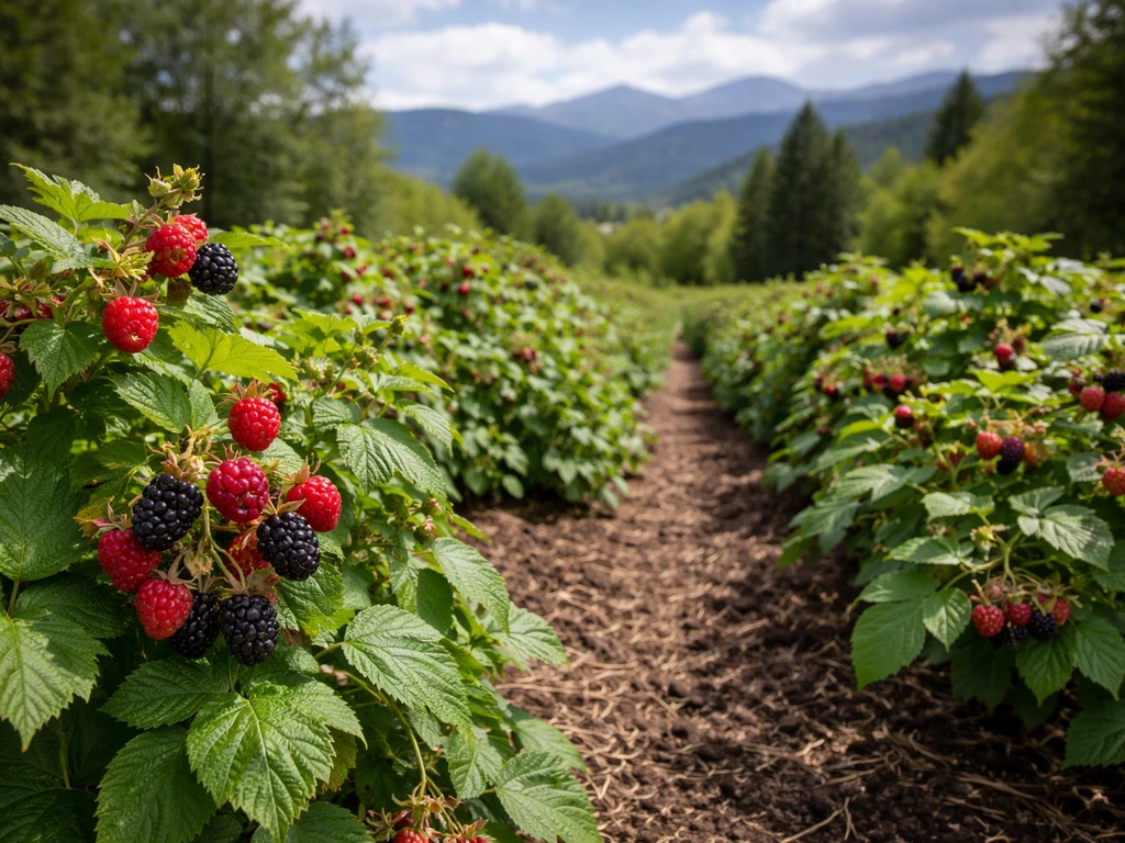 Ripening red and purple berries growing in a Colorado garden bed with mountains in the background.