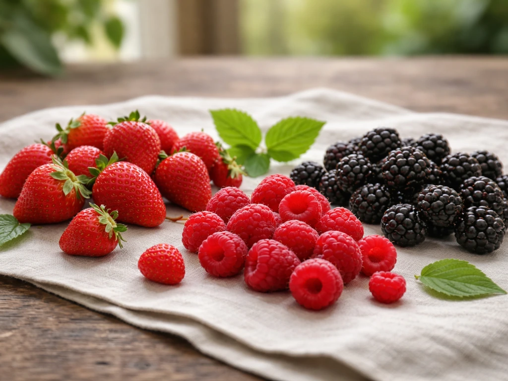 Assorted fresh strawberries, raspberries, and blackberries on a wooden table in natural light.