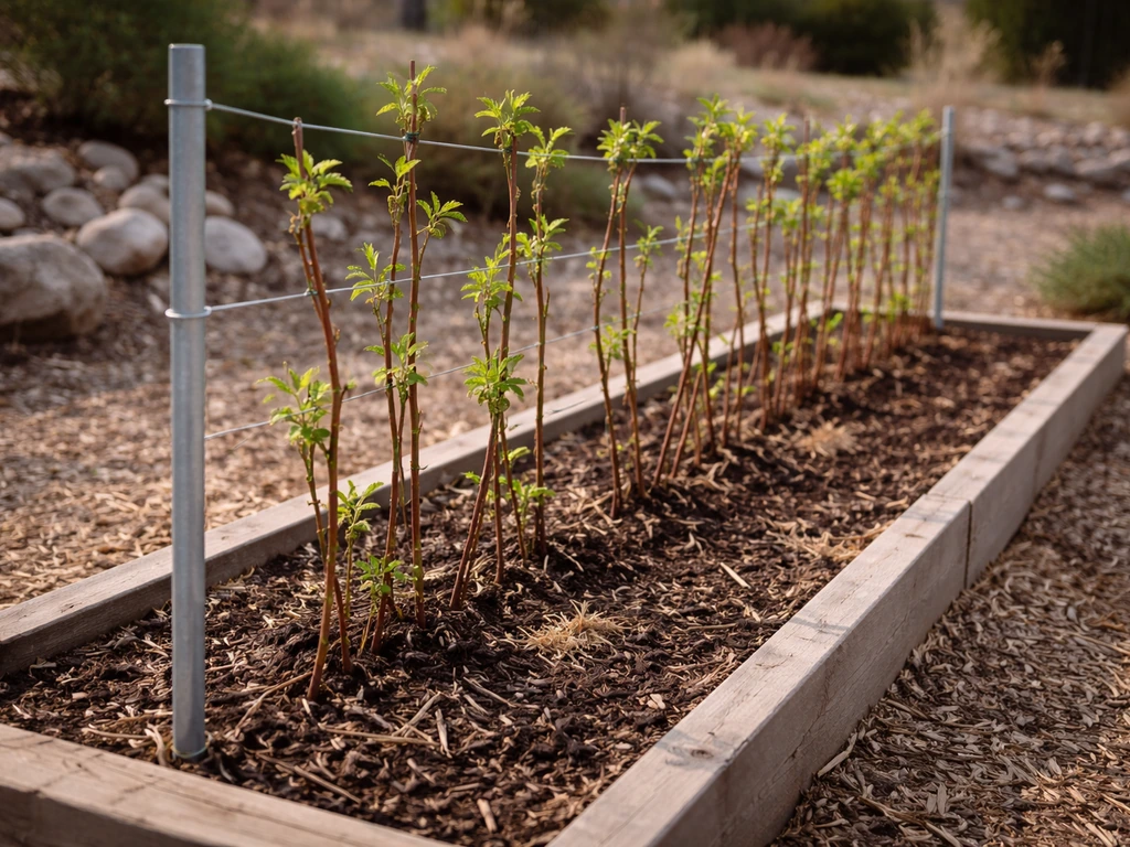 Red raspberry canes on a simple trellis in a well-drained garden row on the Colorado Front Range.