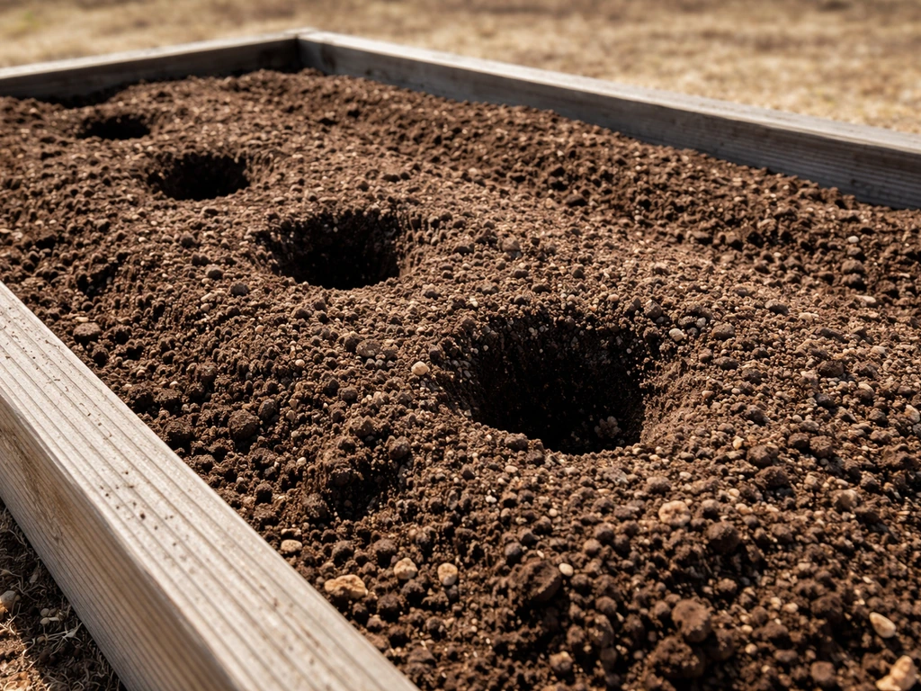 Close-up of prepared raised garden bed soil with bright direct sunlight for berry planting
