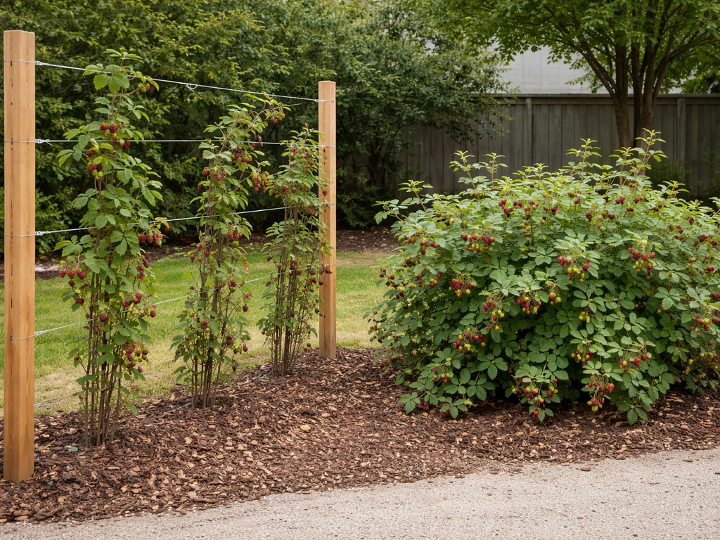 Side-by-side garden canes on a wire trellis versus a bushy shrub-form blackberry/raspberry planting.