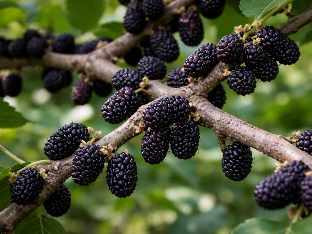 Close-up of mulberry fruit clusters attached directly to small twigs and branches.