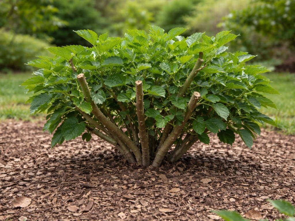 Mulberry tree pruned hard into a low shrub shape with visible cut stubs and dense branches.
