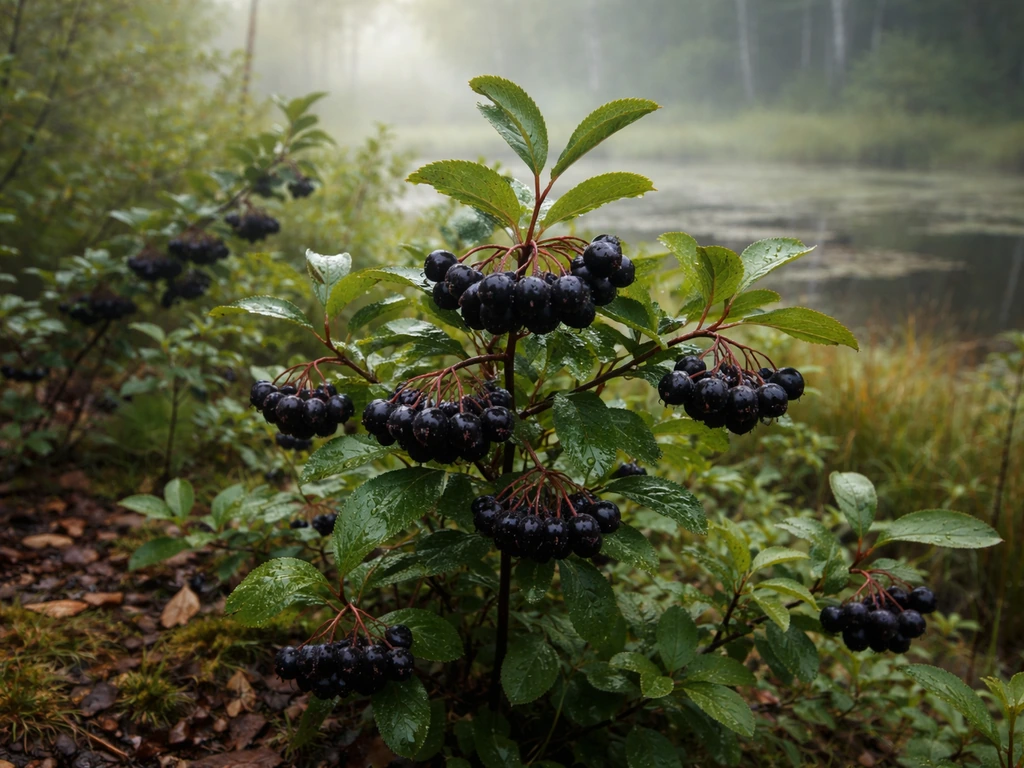 Black chokeberry shrubs with dark berry clusters along a damp woodland edge