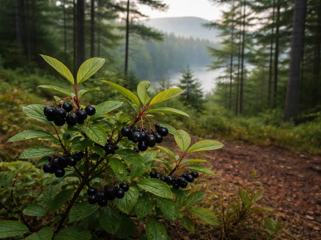 Black chokeberry shrub with dark berries at a quiet woodland edge in Great Lakes/Appalachian scenery.