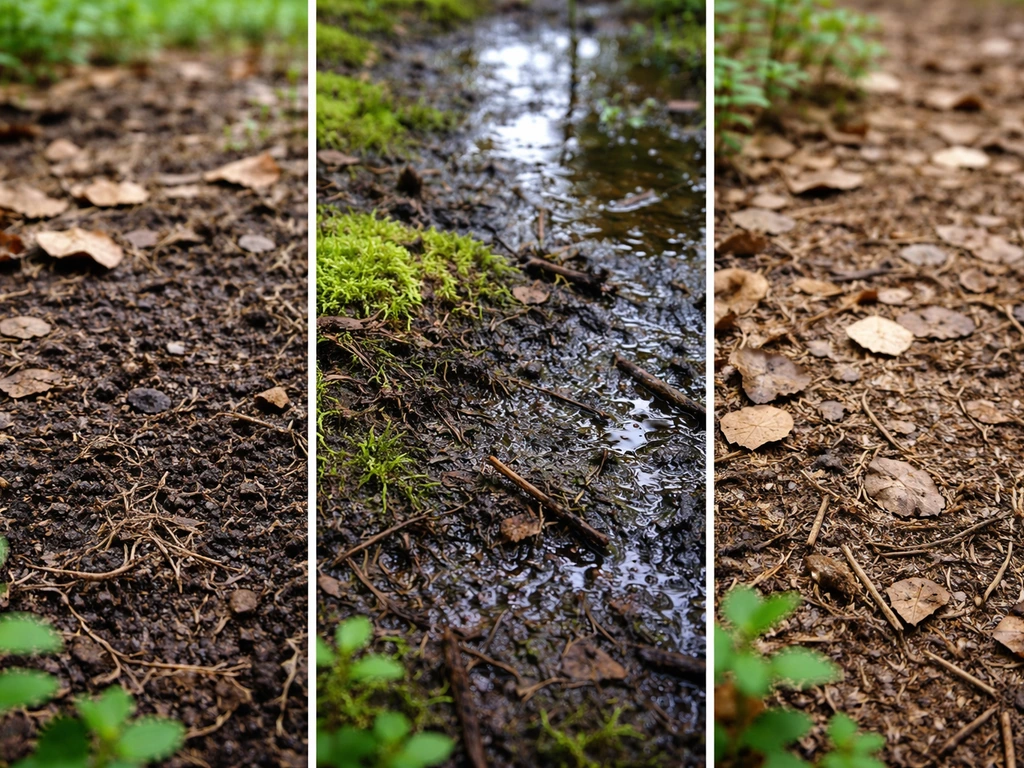 Split photo showing aronia-friendly moist loam beside a soggy bog edge and a drier woodland soil