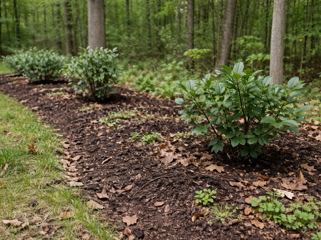 Young aronia shrubs planted along a wood-edge border with mulch and leaf litter in moist soil