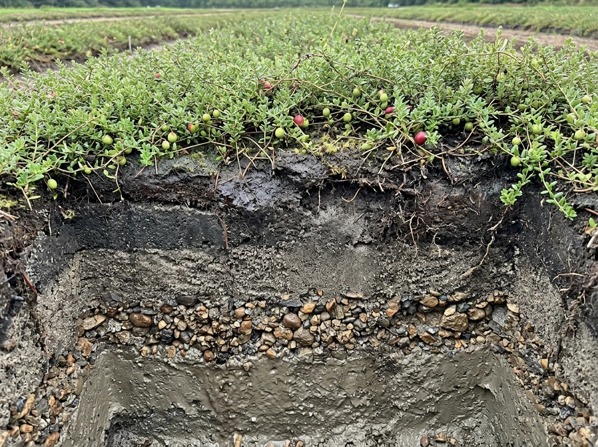 Engineered cranberry bed layers showing sand, peat, gravel, and clay