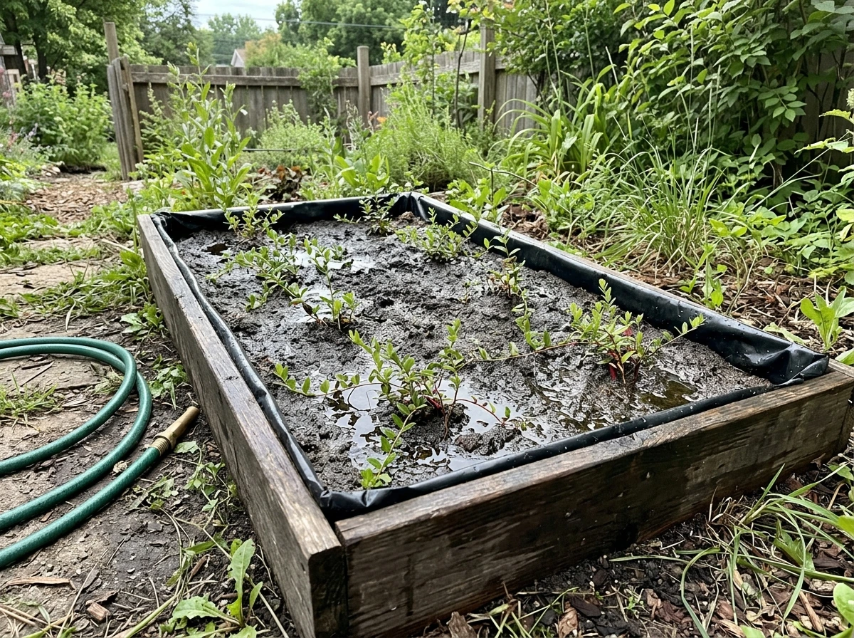 Homemade lined bog-style bed in a backyard garden