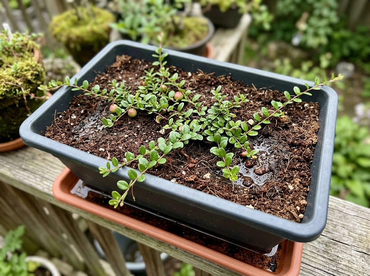 Cranberries growing in a shallow wide container with acidic media