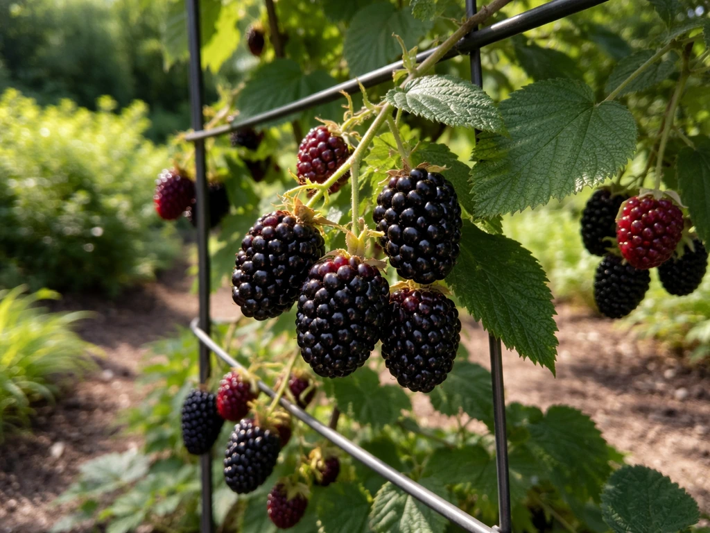 Sunlit marionberry vines trailing on a trellis with ripe berries in a lush garden setting.
