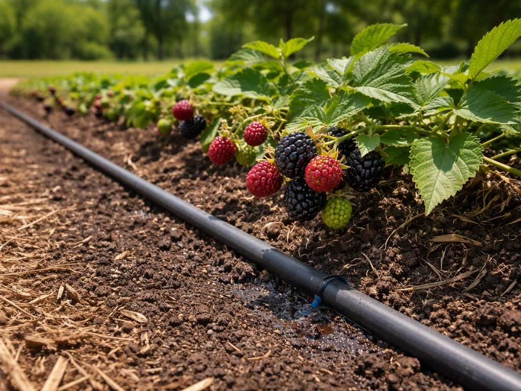Sunlit marionberry bramble in mulched soil with a drip line, showing well-drained moisture.