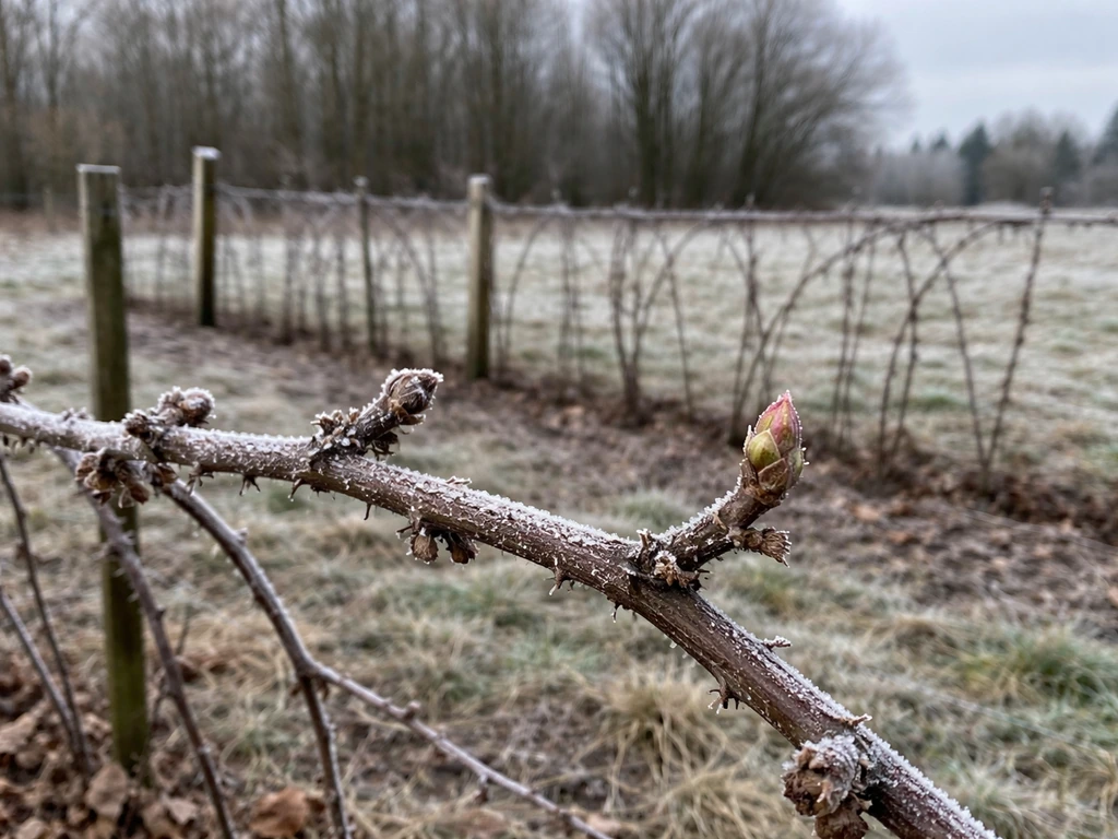 Frosty marionberry canes in winter with nearby buds beginning to swell, showing dormancy vs early growth.