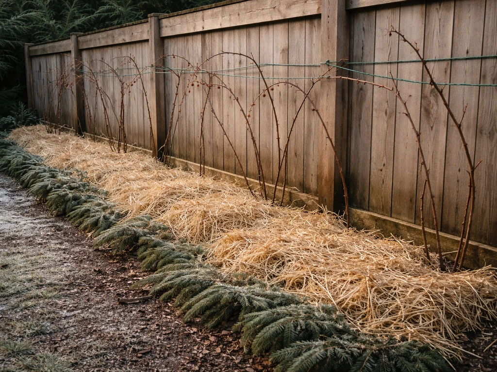 Marionberry canes along a south-facing fence with thick straw mulch and sheltered bed for cold protection