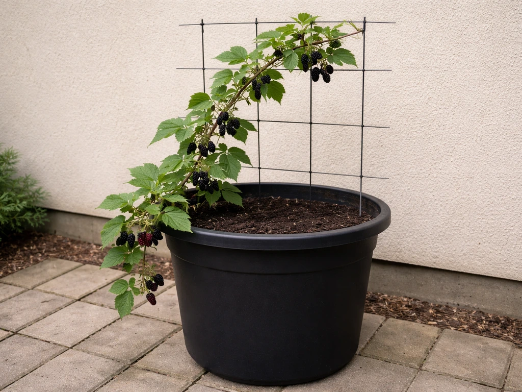 Marionberry blackberry trailing from a large container with a simple trellis in a small garden space.
