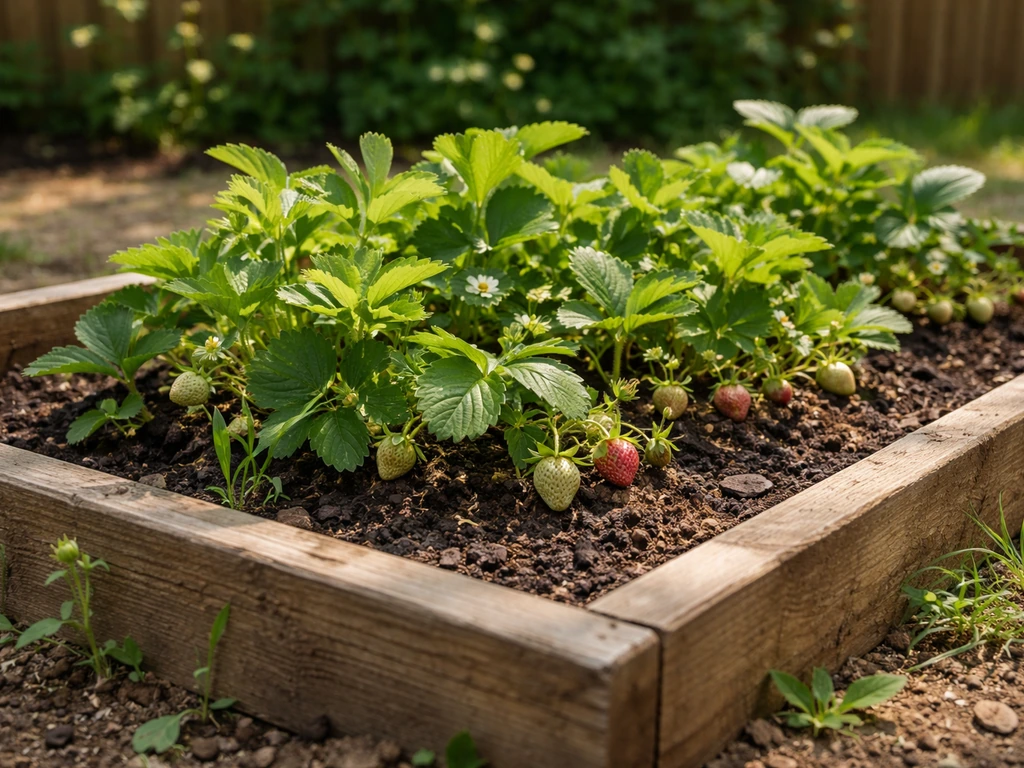 Grounded-style Garden Patch with berry bushes regrowing, showing fresh growth in a small yard garden