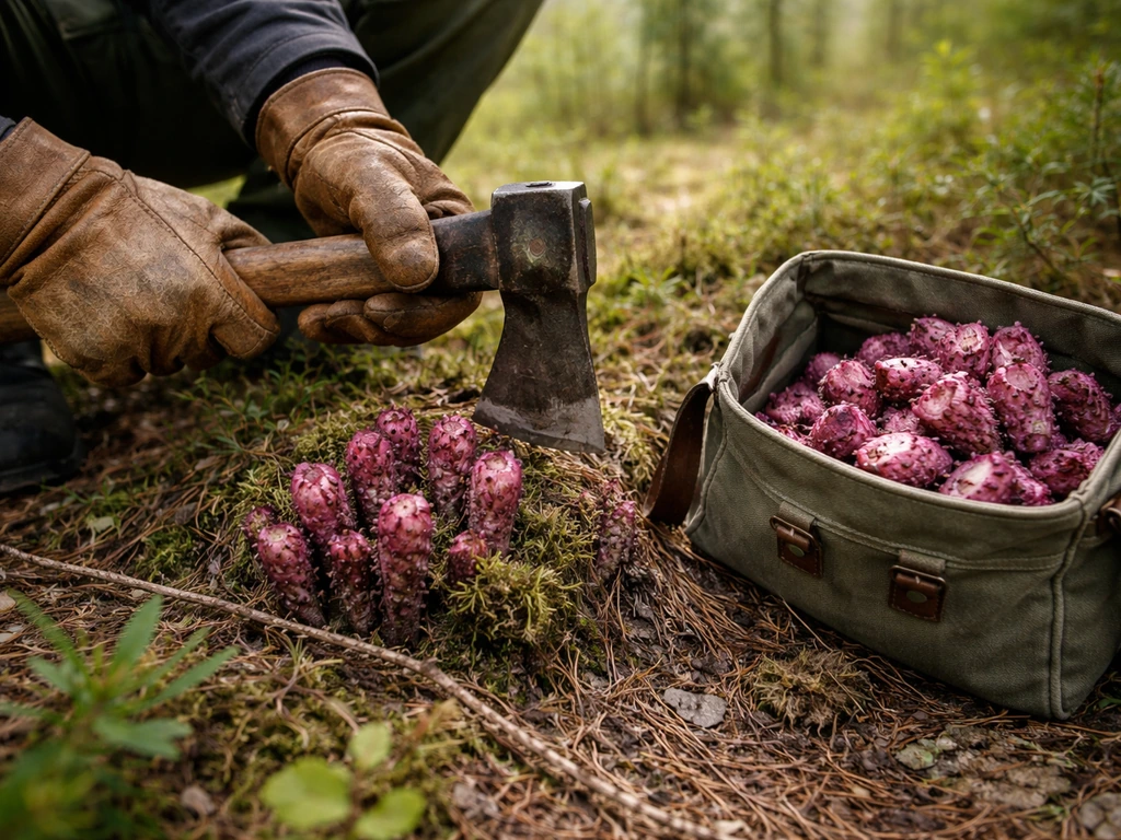 Gloved hands holding an axe beside berry nodes and an open pouch with berry chunks ready to collect.