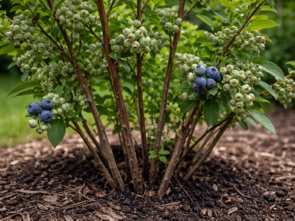 Blueberry shrub with woody stems and clusters of green and ripe blue berries in a garden.