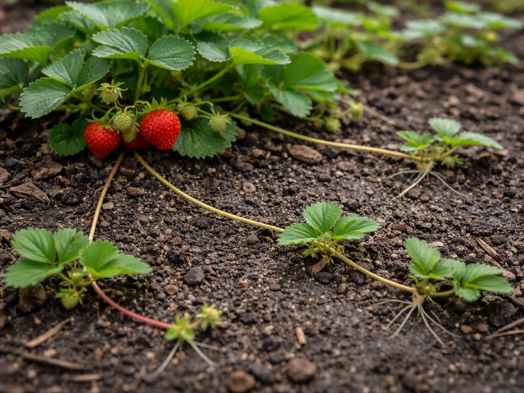 Close-up of strawberry plants with trailing runners rooting and daughter plants beside ripe fruiting crowns.