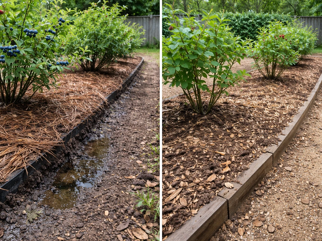 Two side-by-side berry garden plots showing different soil and drainage conditions for berries to thrive.