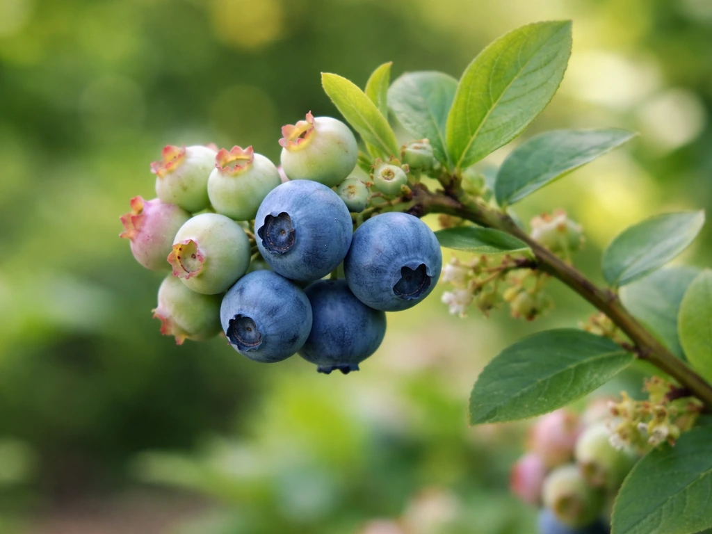 Close-up of blueberry clusters on the plant showing berries transitioning from green to deep blue