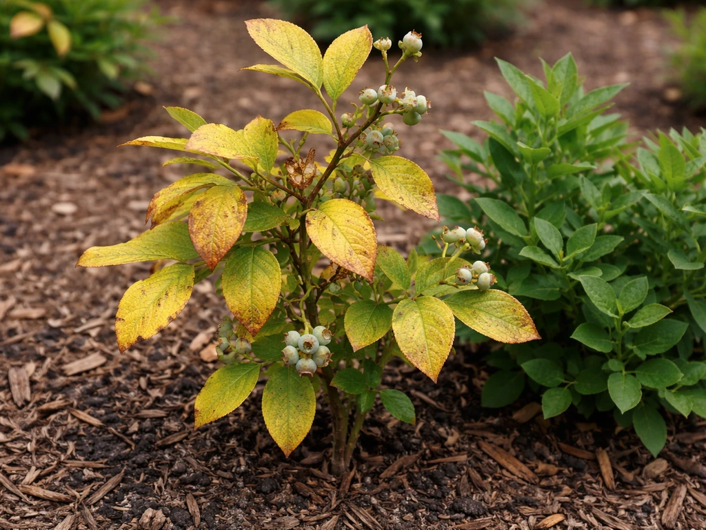 Blueberry plant with yellowing leaves in a small garden bed beside healthier green plants.