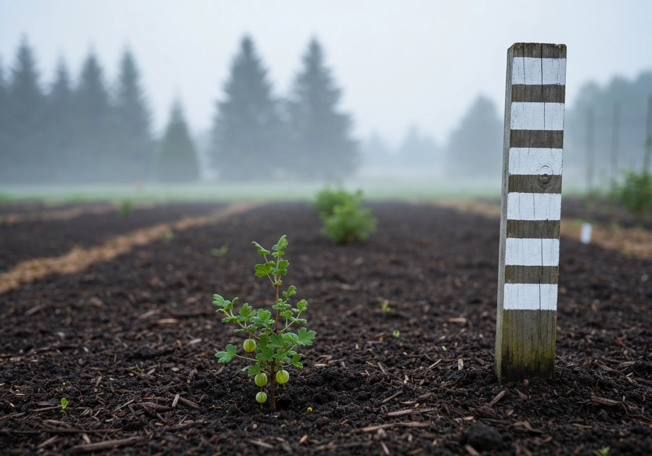 Gooseberry plant in a simple garden with cool misty background and blank striped markers suggesting zones.