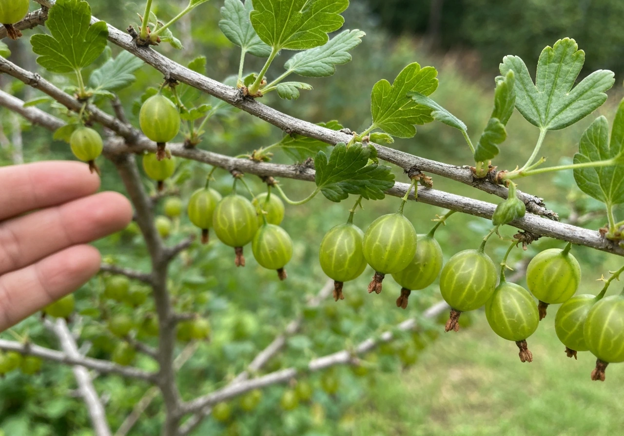 Close-up of a gooseberry branch with fruiting wood and ripe berries on a bush