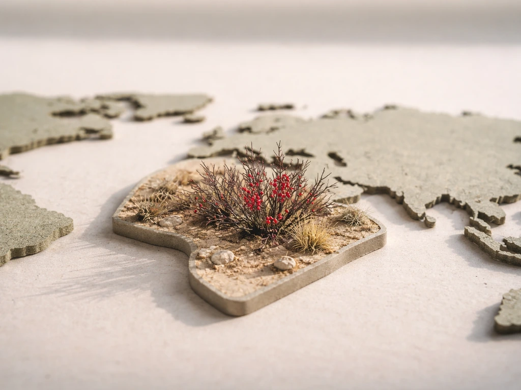 Simple earthy map-like graphic cue with barberry-like shrubs in natural habitat light