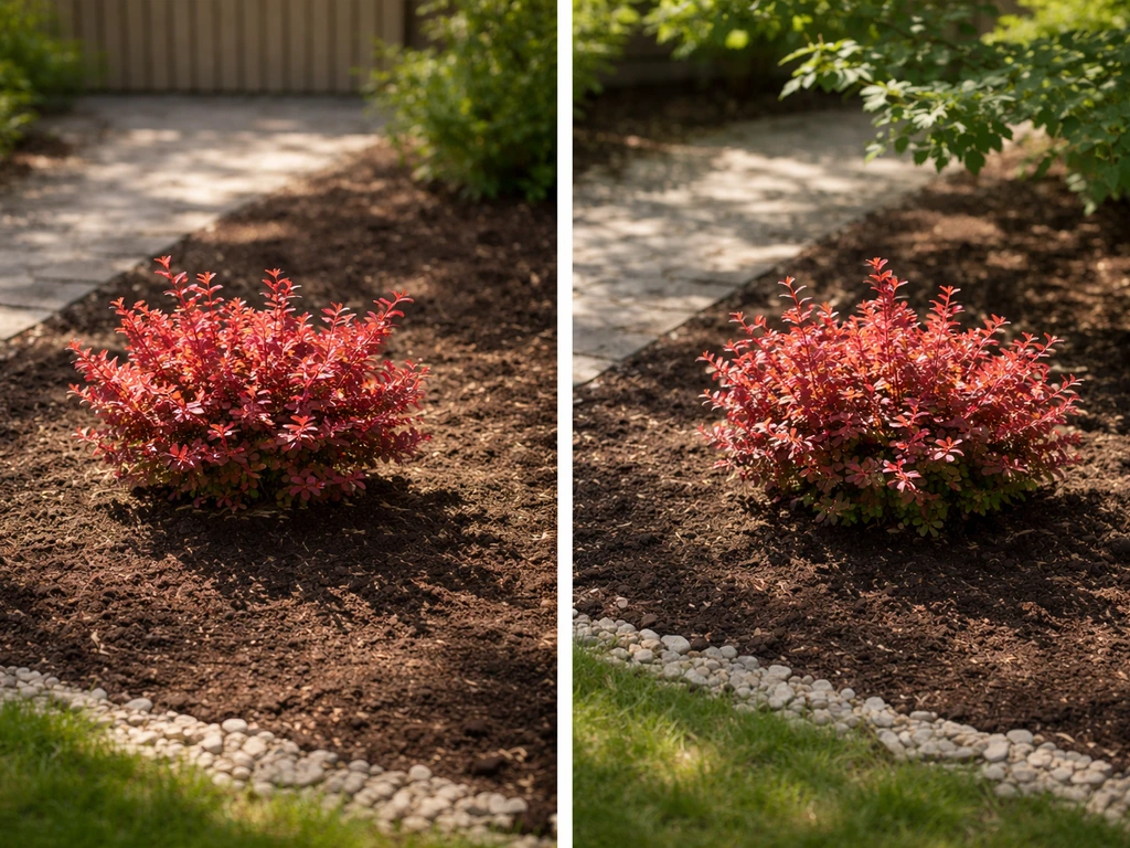 Side-by-side garden beds: full-sun and partial-shade with small barberry-like shrubs in well-draining soil.