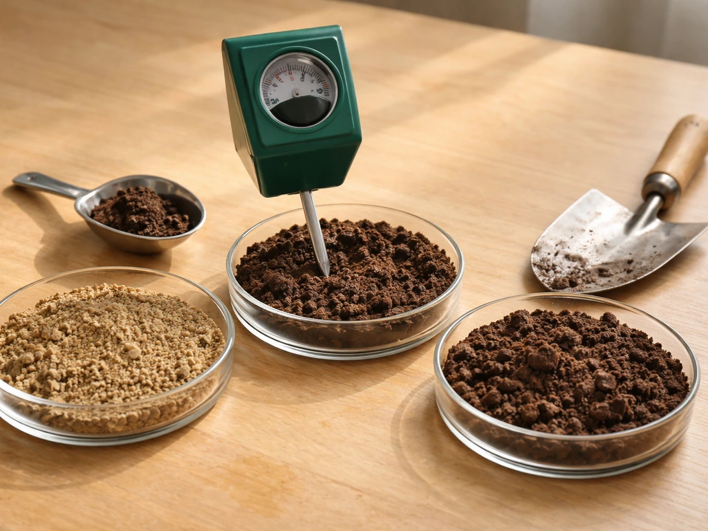 Soil pH test meter and soil samples showing sandy, loam, and clay textures in a simple tray
