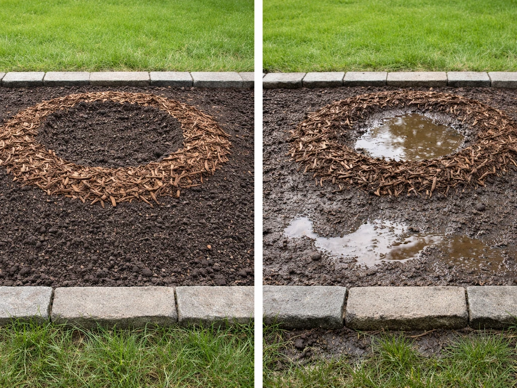 Split garden bed showing raised, mulched well-drained soil vs compacted soil with puddling after rain